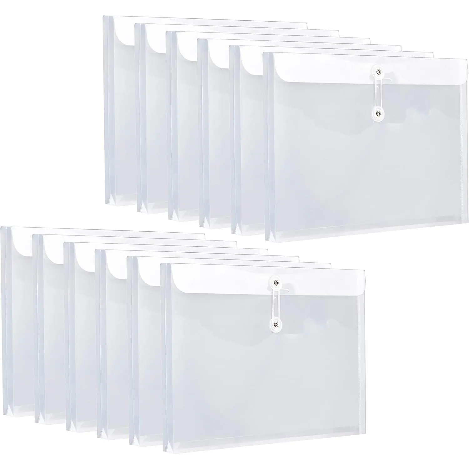 12 Pack Plastic Letter Size Envelopes with Button & String Tie Closure, 1-1/6" Expansion, Side Load, Clear Poly Reusable File Folders Project Paper Documents Organizer for Office  & Home