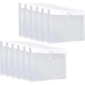 12 Pack Plastic Letter Size Envelopes with Button & String Tie Closure, 1-1/6" Expansion, Side Load, Clear Poly Reusable File Folders Project Paper Documents Organizer for Office  & Home