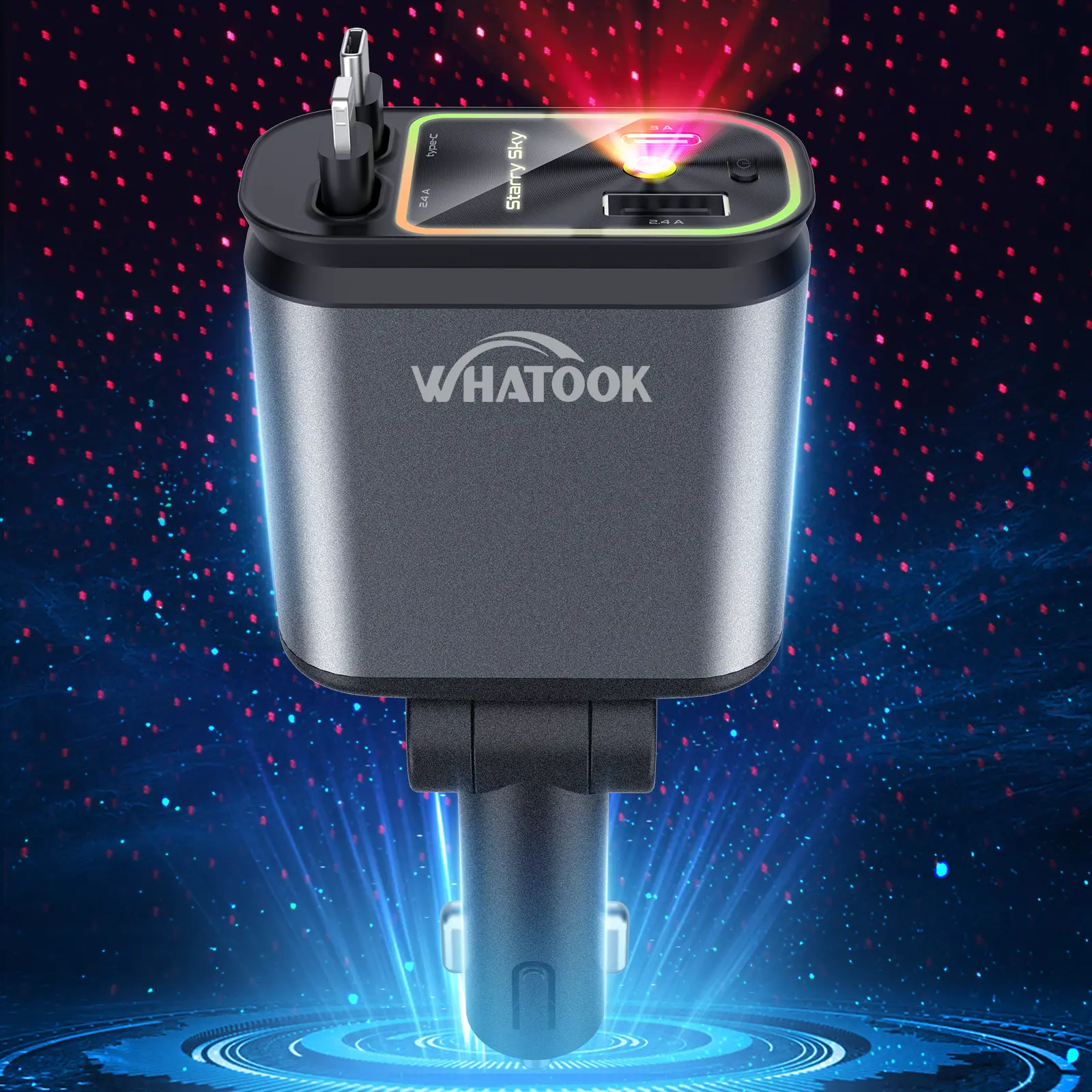 4 in 1 Retractable Car Charger IOS+TYPE C with Starlight In Car Roof, Fast Charging Adapter & Dual Charge Port for iPhone iPad AirPods