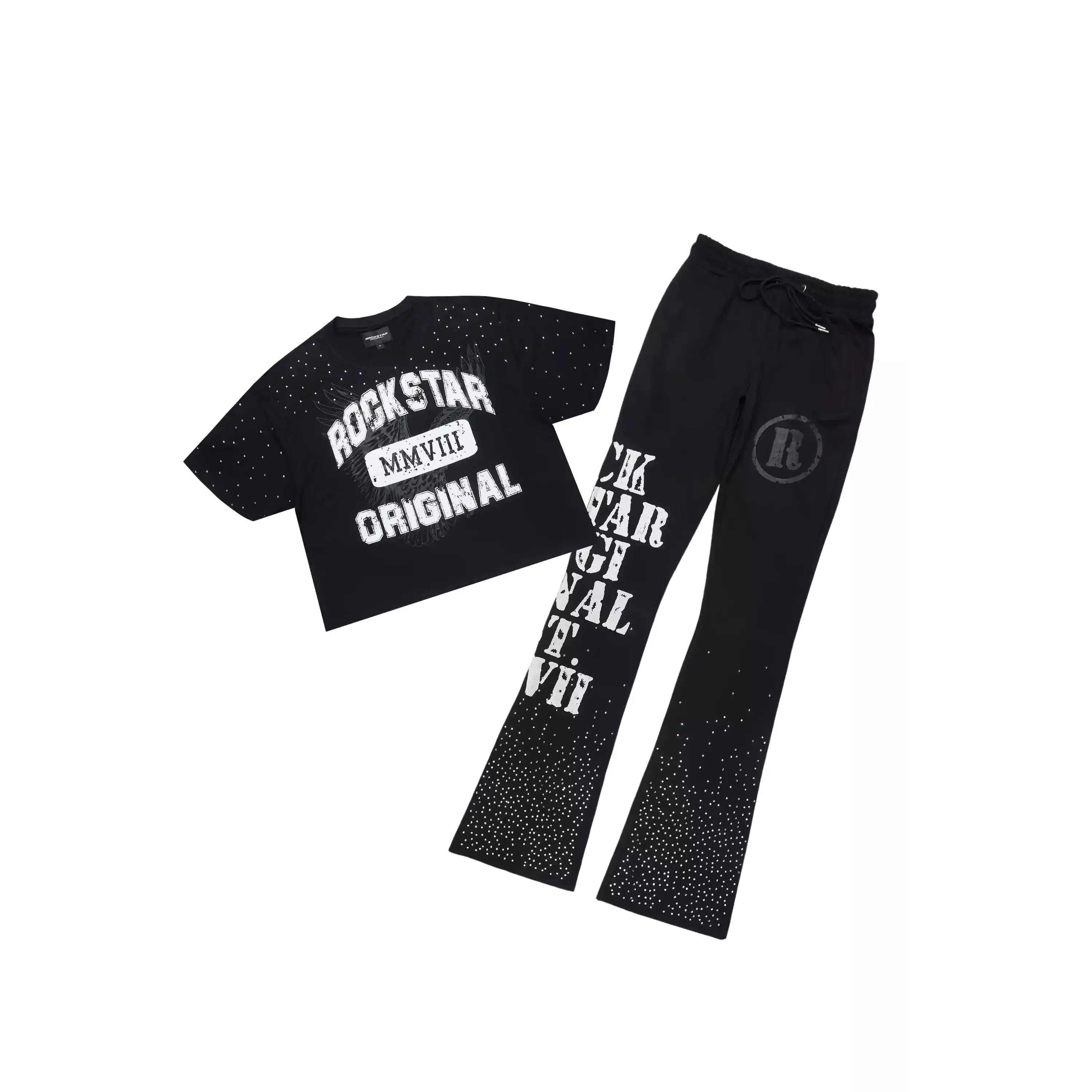 Borya Black Rhinestone T-Shirt/Baggy Stacked Track Set