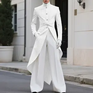 INCERUN Men's Striped Long Sleeve Lengthened Blazer - Menswear Clothes, Chic Stand Collar, Twisted Waist, Irregular Hem Outerwear for Wedding