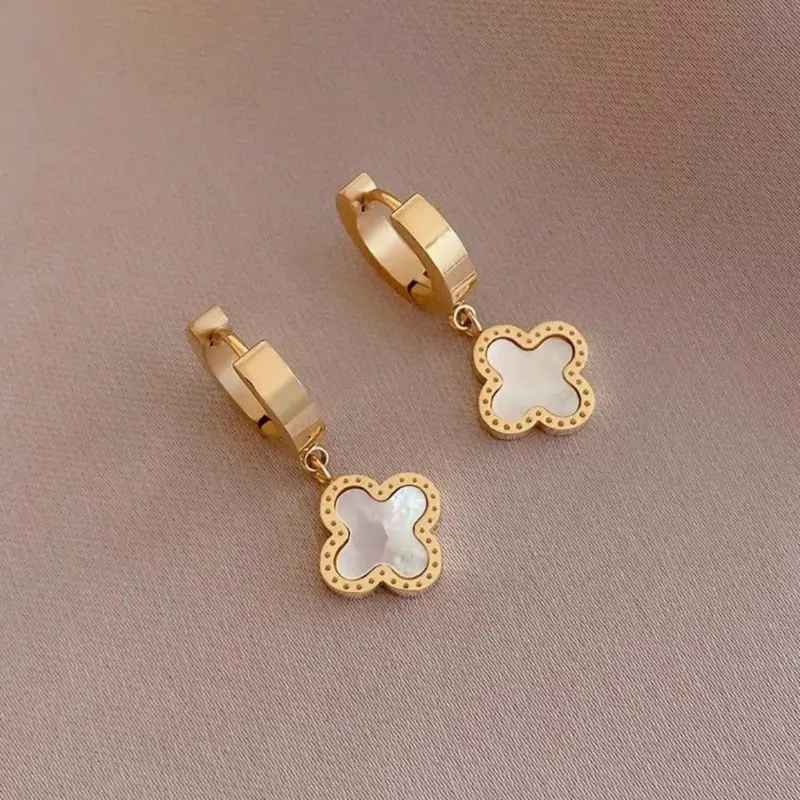 18K Gold Clover Huggie Hoop Earrings White | Waterproof & Tarnish-Free