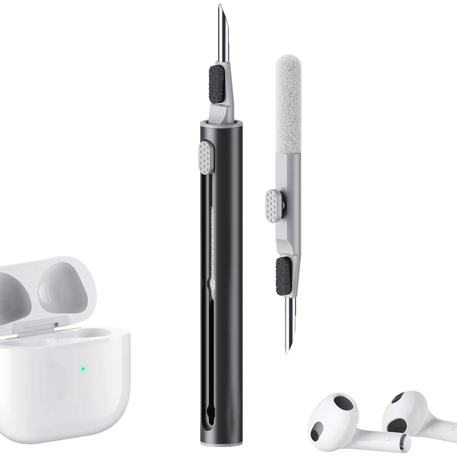 Airpods Pro 1/2/3 Multi-Function Cleaning Kit, Handy Metal Cleaning Pen with Soft Brush, Flocking Sponge & Button for Bluetooth Headphones & Earphone Case Cleaning Accessories (Black), Portable