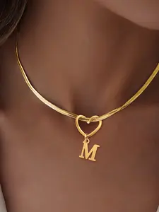 Women's Stainless Steel Hollow Heart Pendant Snake Chain Necklace, Letter Pattern Design, Casual Style Jewelry for All Seasons