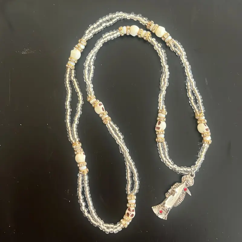 White/Clear Beaded Santa Muerte Rosary, Cubic Zirconia Accent, Classic Elegant Semi Formal Costume Jewelry for Anniversary Gifting