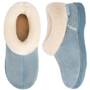 EverFoams Women's Micro Suede Cozy Memory Foam Winter Slippers with Fuzzy Faux Fur Collar and Indoor Outdoor Rubber Sole 11-12 Blue slippers women women's  slippers