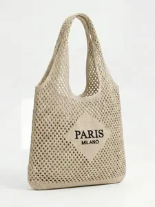 Paris Milan Letter Embroidery Travel Beach Bag, Vintage Hollow Out Breathable Knit Tote, Large Capacity Durable Casual Shopping Accessory