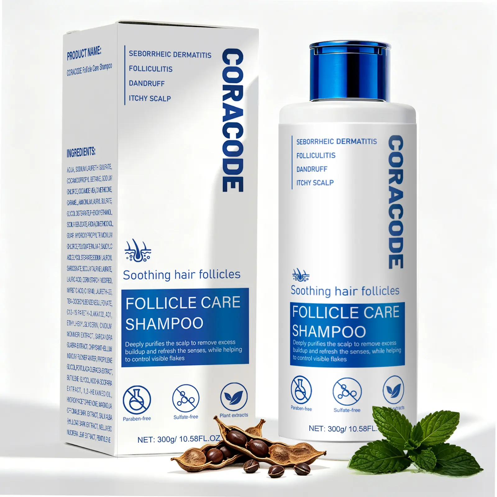CORACODE Botanic Follicle Care Shampoo for Folliculitis – Tea Tree Oil, Neem Oil,Willow Bark & Herbal Extracts – Clarifying Shampoo for Itchy, Oily, Flaky & Sensitive Scalp, Scalp Buildup & Dry Dandruff Care, 10.58 Fl Oz