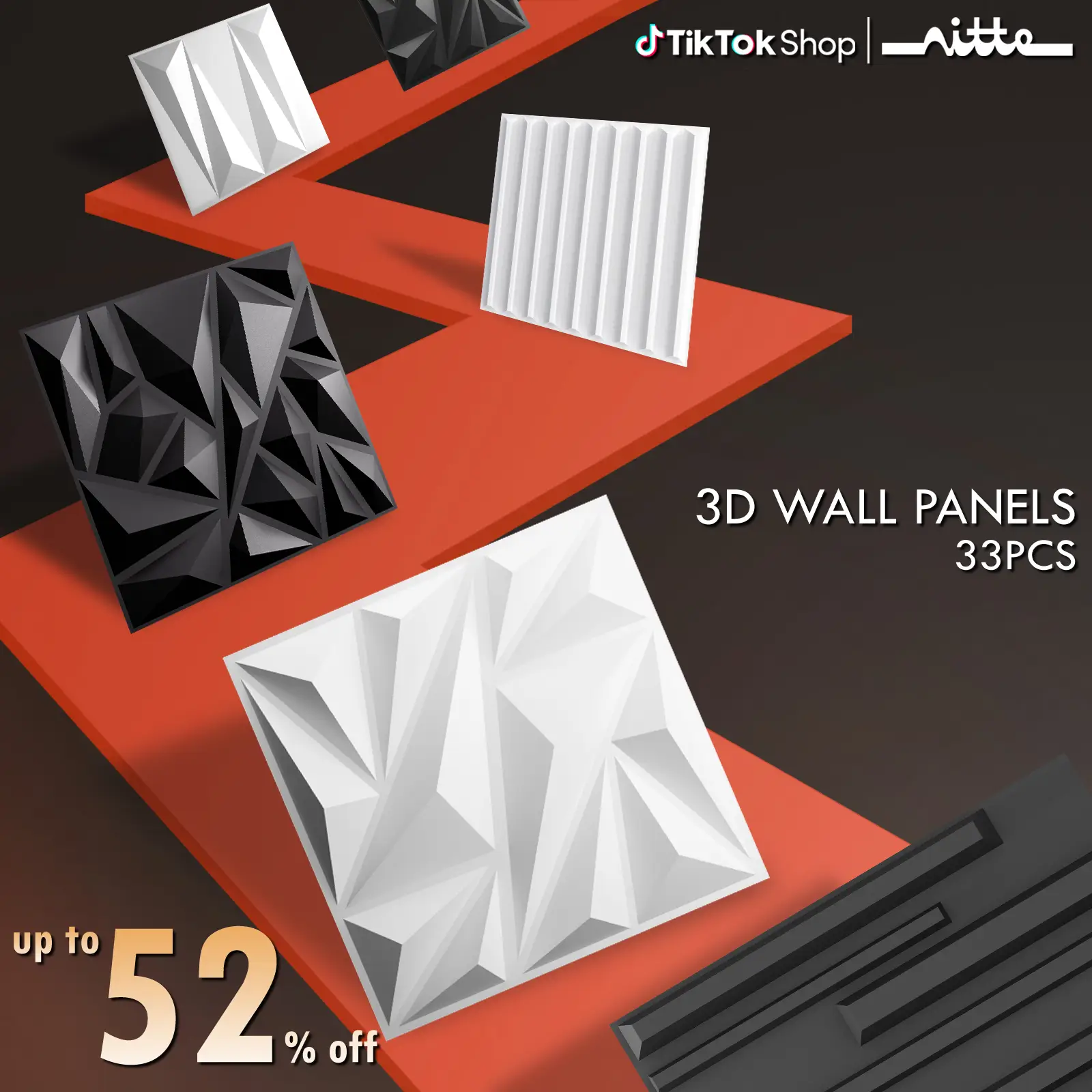 Nitte 33PCS 3D Wall Panels, Diamond & Striped Geometric Designs, 11.8''x11.8'' (30x30cm), Black and White Options for Stylish Accent Walls in Living R