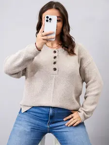 Plus Size Solid Color Loose-Fit Long Sleeve Button Half-Placket Casual Sweater, Comfortable Knitwear for Spring & Fall, Stylish and Versatile Fashion