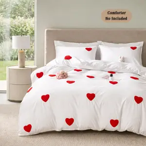 Love Embroidery Duvet Cover Set (2-3 Pieces, No Insert) – Romantic Towel-Stitch Bedding with Matching Pillowcases, Breathable Comforter Cover for Hot Sleepers & Couples, Coquette Aesthetic Bedroom Decor, Machine Washable ,Mother’s Day