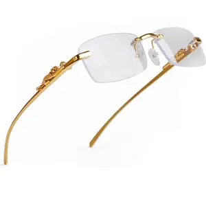 Gold Wire Frame Rimless Men's Luxury Leopard Hip Hop Retro Clear Lens Glasses