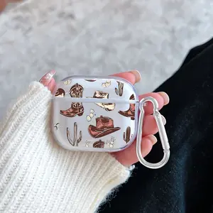 Cowboy Gear Reverie Pattern Protective Case for AirPods 4/3/2/1/Pro/Pro2 Soft TPU Earphone Cover, Transparent with Keychain
