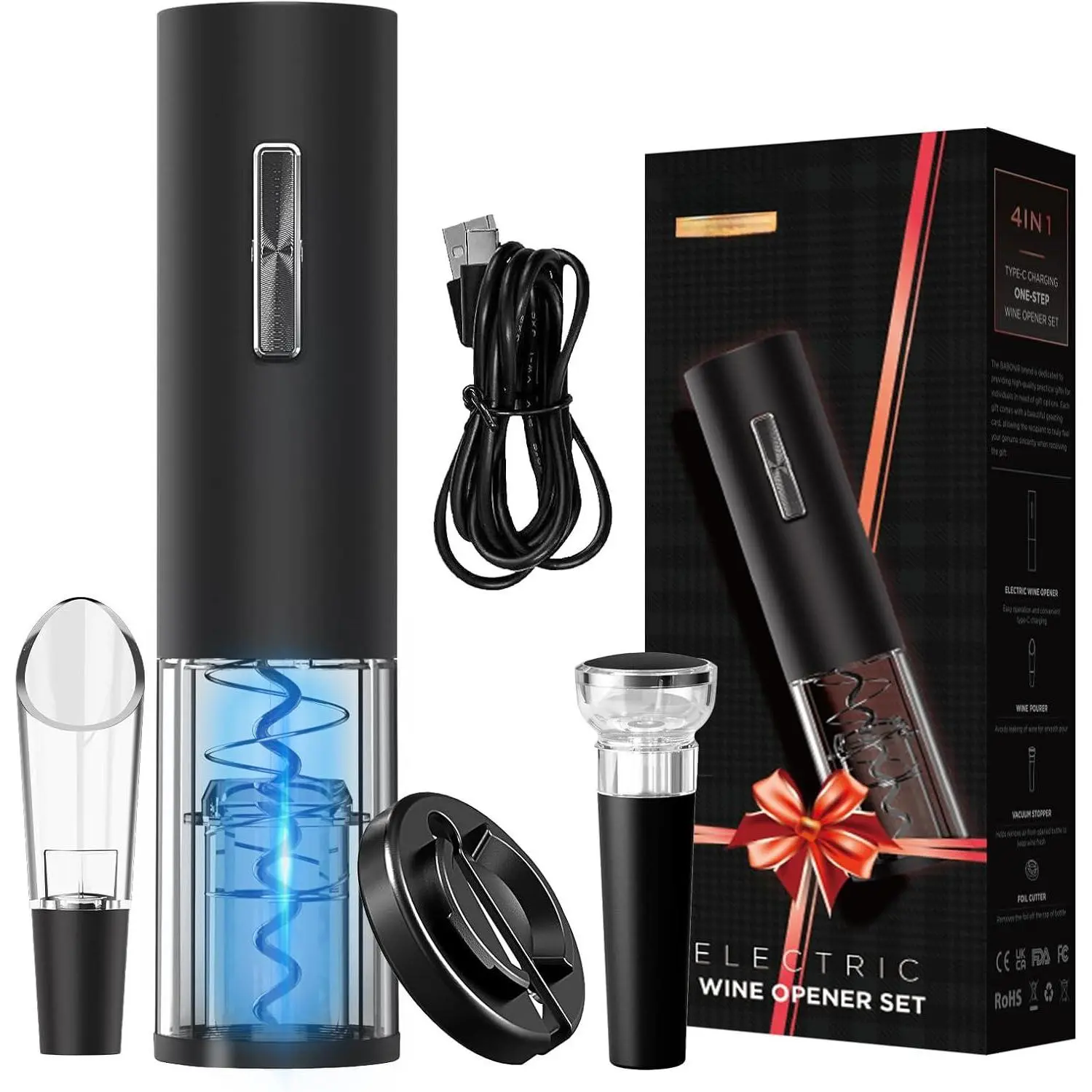 Electric Bottle Wine Opener Set Automatic Electronic Corkscrew with Blue Led Indicator Vacuum Stopper Pourer and Foil Cutter Perfect for Home Party Wedding Rechargeable