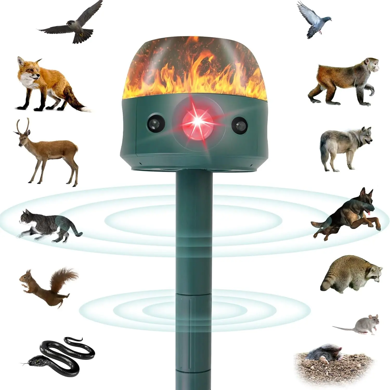New Solar-Powered Ultrasonic Animal Repeller — 5-Mode Outdoor Device for Cats & Rodents (Featuring Motion Sensor, Flame Light, and Motor Vibration Functions). Effectively Repels Deer, Skunks, Dogs, Snakes, and Gophers; Ideal for Yards and Gardens.