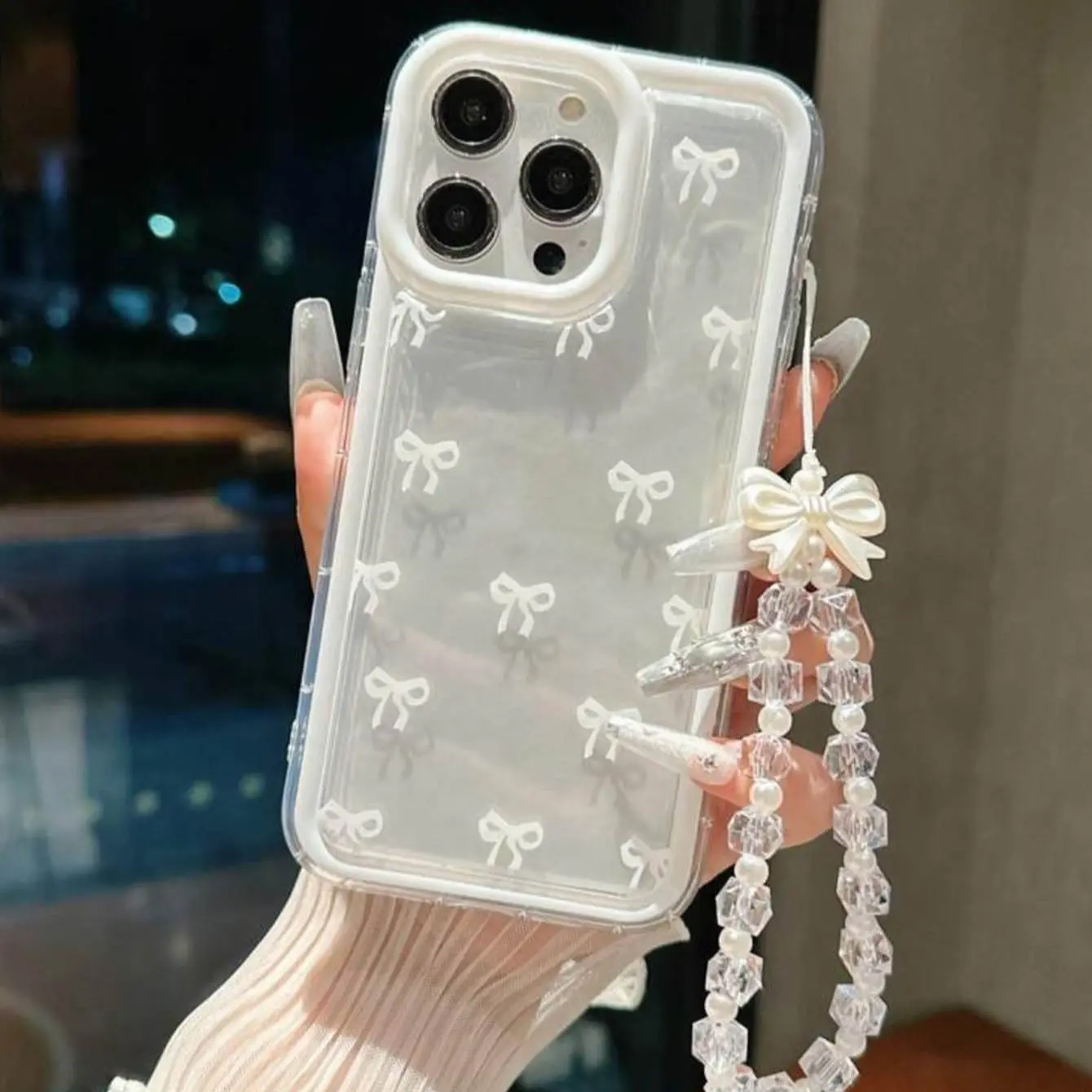 Bow Pattern Anti-Drop Shockproof TPU Phone Case with Fashion Lanyard, Compatible with Apple iPhone 6 7 8 9 X XS XR 11 12 13 14 15 16 17 Pro Max Plus Air mini & Samsung Models, Durable TPU Protector