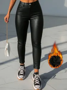 Women's Fleece Lined PU Leather Pants, Street Style, Slant Pocket Design, Warm Lining, Elastic Slim Fit, Stretchy, Perfect for Christmas