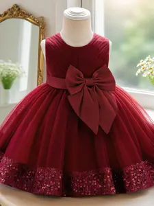 Toddler Girl's Glitter Sequin Floral Embroidery Mesh Dress, Princess Seraphina Dress, Elegant Bow Decor Sleeveless A Line Dress for Party Wedding Guest, Kids Clothes for All Seasons