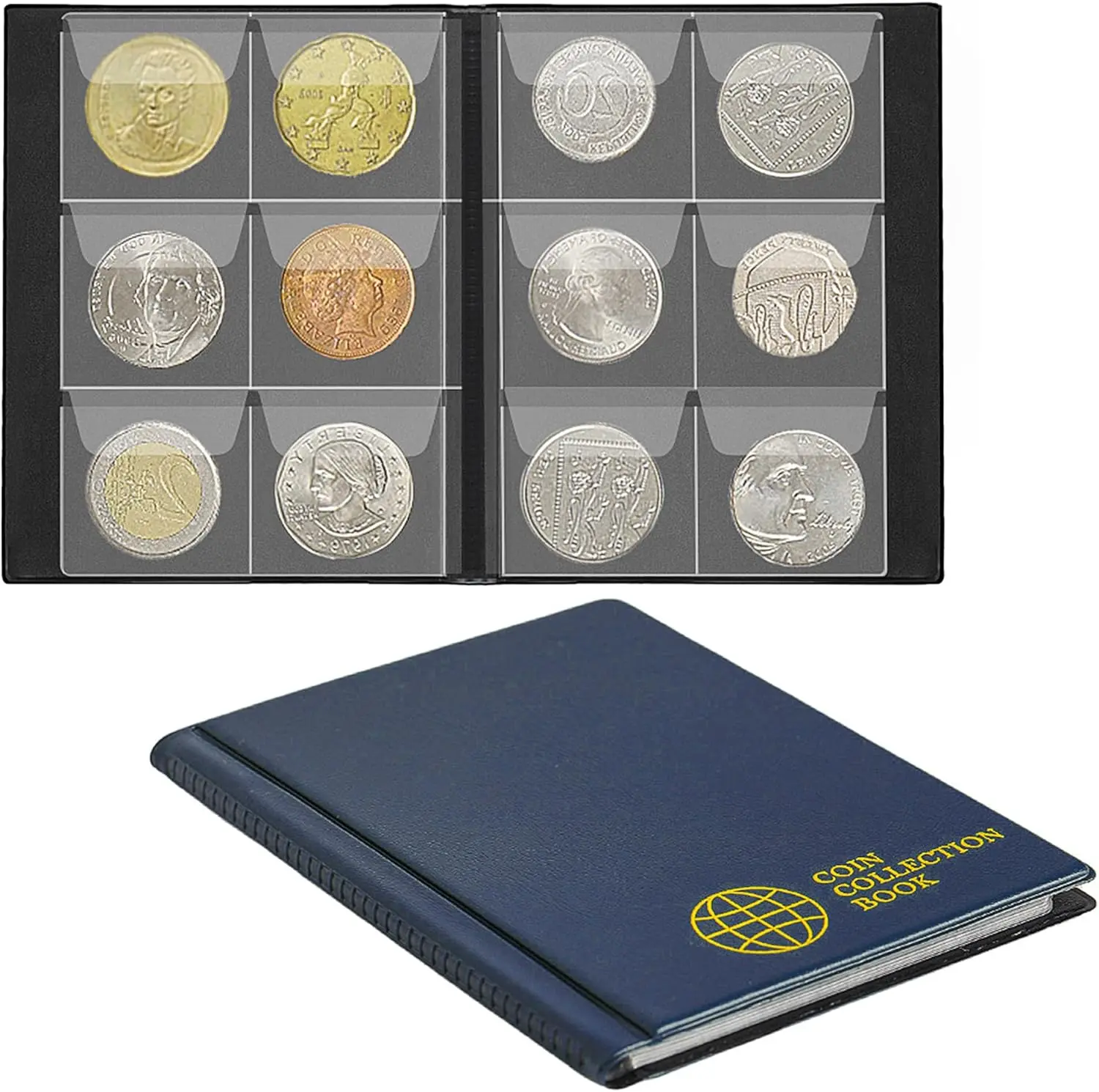 Modern Acid-Free Black Artificial Leather Coin Album with Album Cover, 60 PVC Pockets (4.5cmx4.5cm/1.8inx1.8in) – Home Organizer for Penny Storage