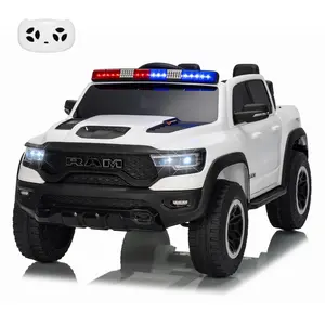 12V White Kids Ride-On Police Electric Pickup Truck with Rechargeable Battery, Remote Control, 3 Speeds, Spring Suspension, LED Lights, Truck Bed Storage for Toddlers