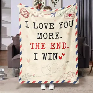 Love You More The End I Win Letter Pattern Blanket, Slogan Print Blanket, Soft Warm Throw Blanket, Air-conditioned Room Blanket, Warm Nap Blanket for Home Office Travel