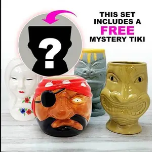 Ceramic Tiki Cup Drinkware Pack - Stranded Island Themed, Set of 4 + FREE Mystery Tiki Mug