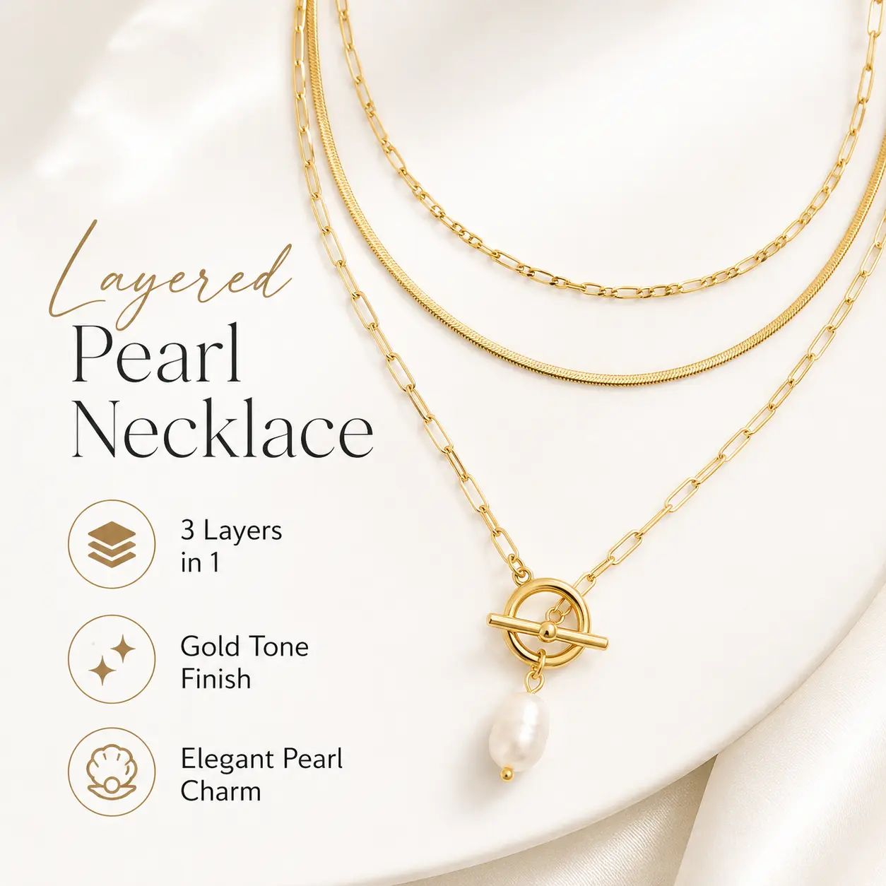 Gold Tone 3-Layer Mixed Chain Pearl Necklace Set for Women, Toggle Ring Closure with Baroque Pearl Drop Charm, Tarnish Resistant Dainty Layered Necklaces, Elegant Jewelry for Daily Wear Party Birthday Gift