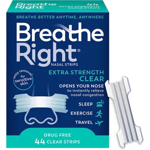 Breathe Right Nasal Strips| Extra Strength| Clear| For Sensitive Skin I Drug-Free Snoring Solution & Nasal Congestion Relief Caused by Colds & Allergies| 44 Count (Packaging May Vary)