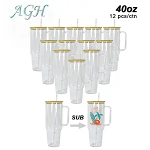 AGH 40oz Sublimation Blank Clear Glass Handle Tumbler with Bamboo Lid for Wide Mouth Coffee Cup Drinkware Reusable Washable Portable Water Bottles