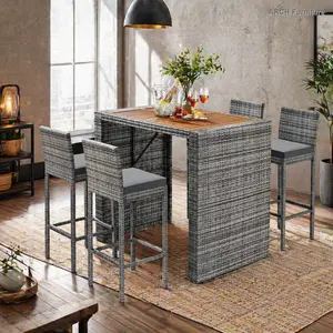 ARCHGO 5-Piece Outdoor Patio Wicker Bar Set with 4 Seats, High Bar Chairs (Non-Slip Ft, Fixed Rope, Removable Cushions), Acacia Wood Table Top, Load Bearing Design, Brown Wood & Gray Wicker for Minimalist Home Decor, Patio Furniture Sets, Outdoor Patio Fu