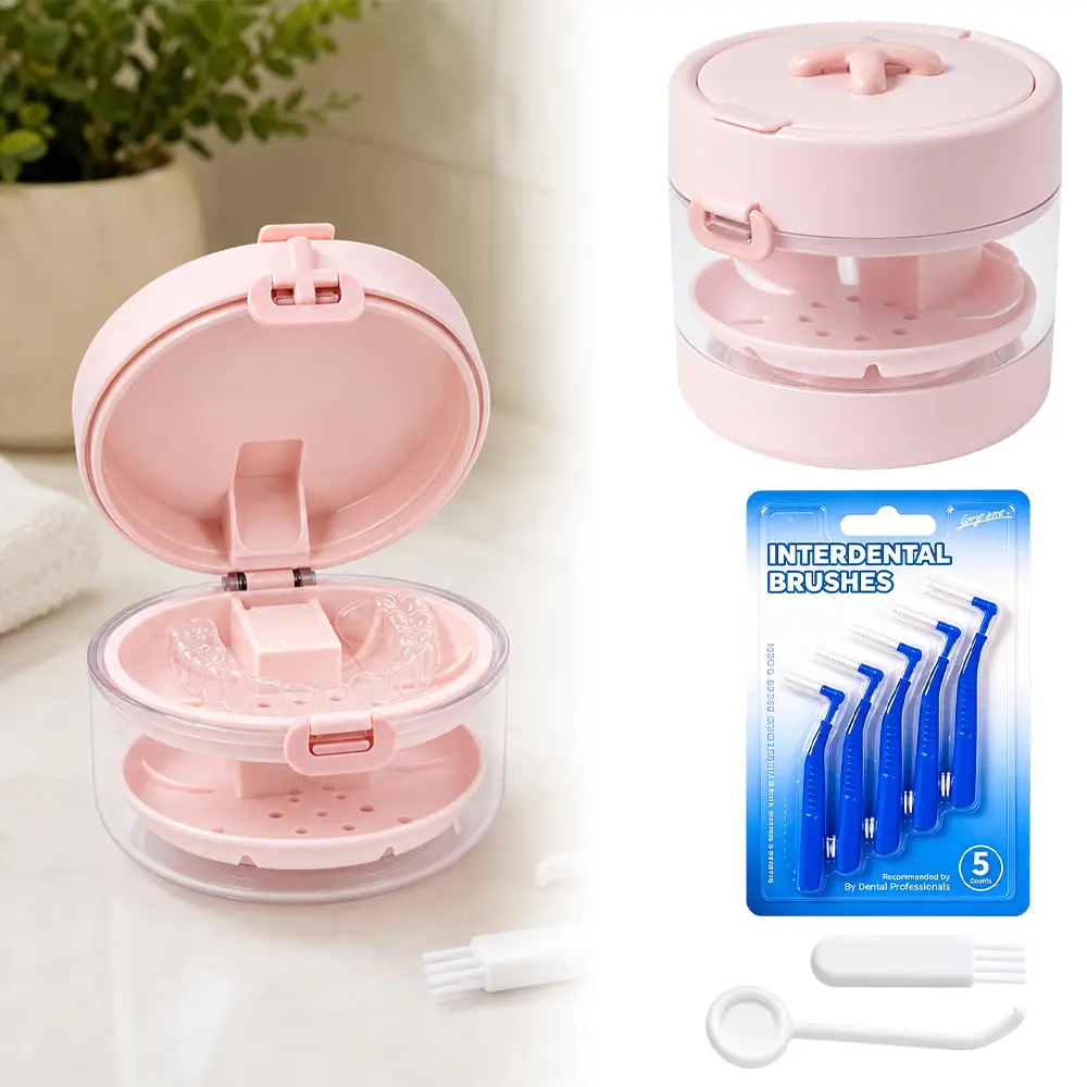 1Set Retainer Cleaner Case, Retainer Case for Women Teen Girls, 3-in-1 Denture Bath Box with Leak Proof, Denture Bath Case with Mirror Cleaning Brush and Removal Tool
