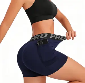 High waisted athletic biker shorts for women with handy pockets, stretchy and breathable, ideal compression shorts for fitness training and daily outdoor sports in dark blue