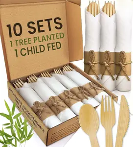 Premium Pre Rolled Napkin and Bamboo Cutlery Set (10 Pack, 40 PCS) 100% Biodegradable, Eco-Friendly, Disposable Wrapped Cutlery - Pre-Wrapped Bamboo Forks, Knives, Spoons, Napkins, Brown Roll