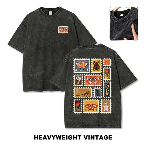 Vintage Bug Stamp Collection Retro Insect Moth Dragonfly Art Vintage Washed Heavyweight Stone Wash Oversized T-Shirt, Gender Neutral
