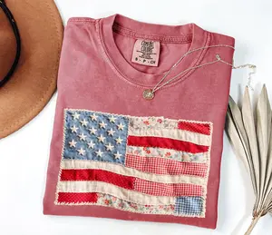Comfort Colors PRINTED 4th of July Shirt, Retro American Flag Shirt, Faux Patchwork USA Shirt, Patriotic Shirt, Fourth of July Shirt,USA Flag Shirt