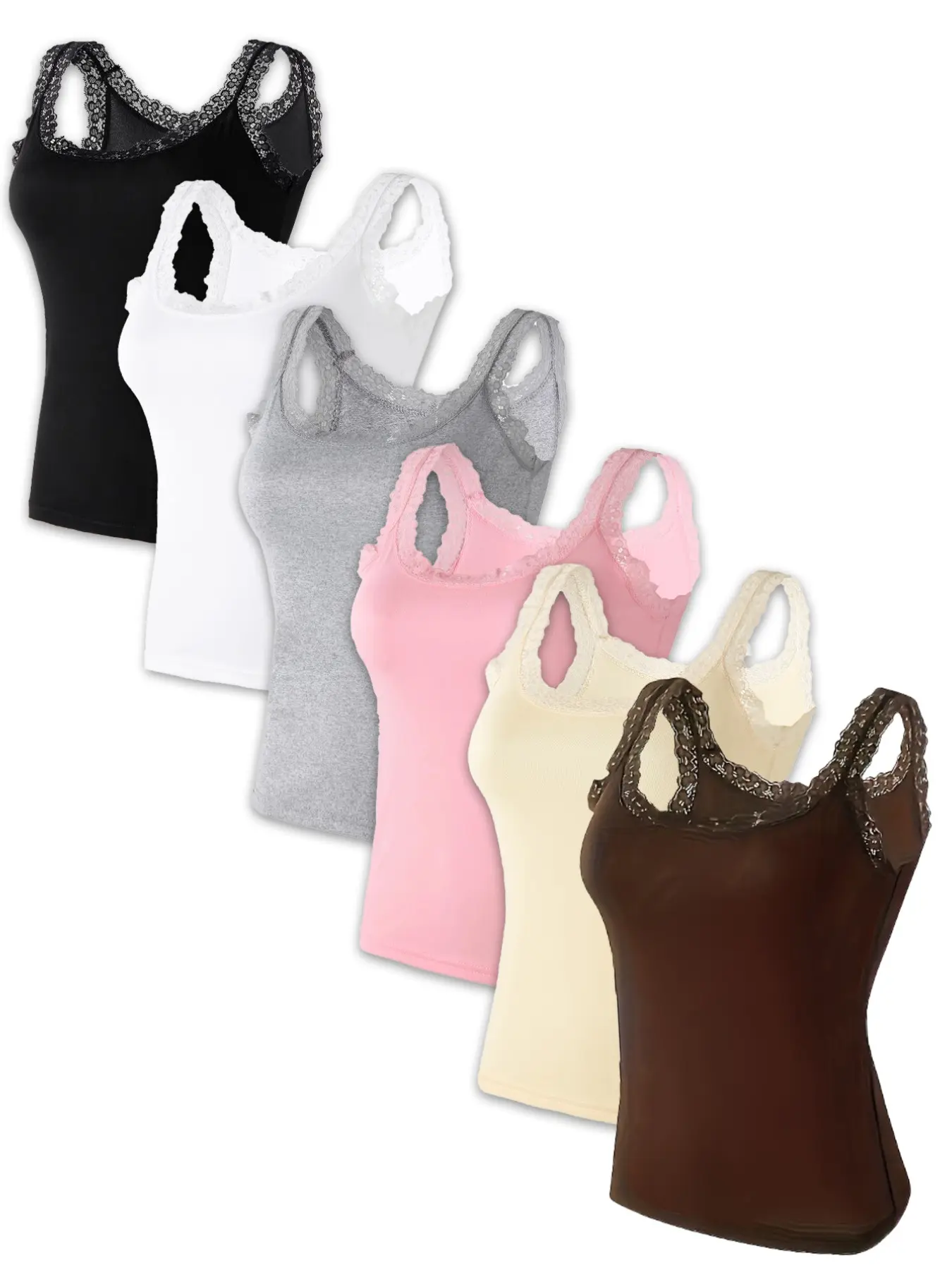 Lace Women Sleeveless Camisole Set, Casual Chic Sleeveless, Features lace trim on neckline and straps, creating a sexy, trendy look. Soft, skin-friendly, highly elastic, suitable for everyday wear or commuting. Casual Basic Underwear Tops