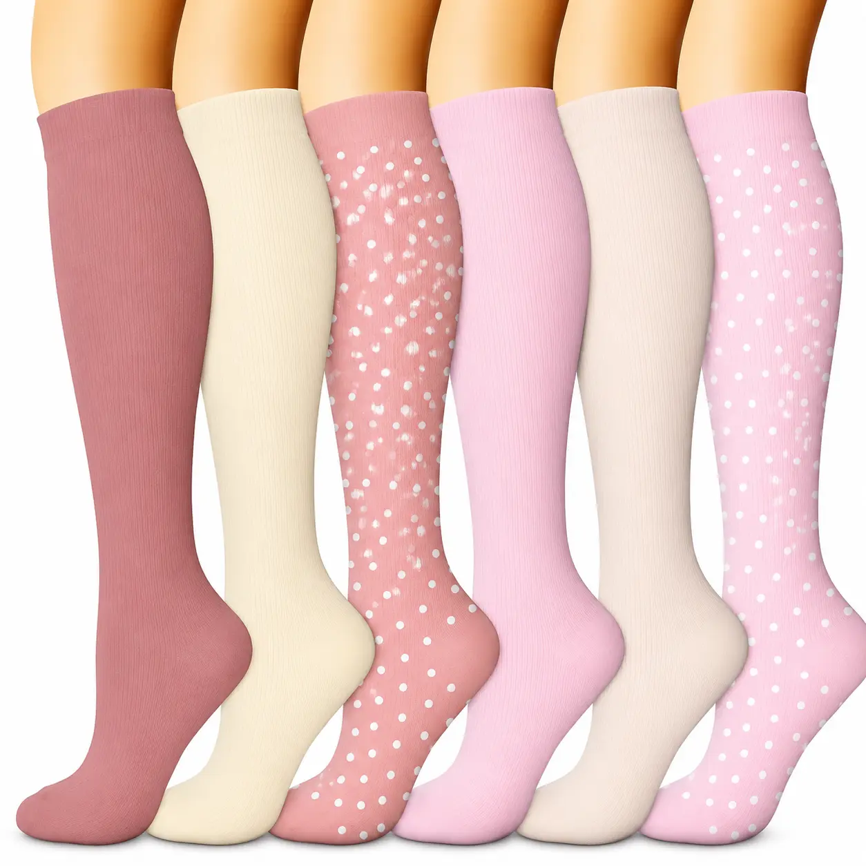 MhzyCaus 6 Pairs Over-the-Knee Compression Socks Pink Cream Mauve with Polka Dots Nylon Blend Moisture Wicking Breathable Day Lightweight Pastel Women's Wear Festival Party Cozy Socks Pattern Compression Knee-High Socks Casual Athletic socks for women Leg