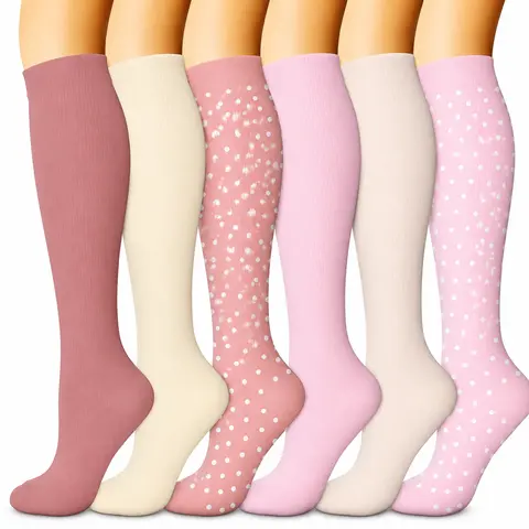 MhzyCaus Women's Compression Socks (6 Pairs) - Adults' High-Stretch Above-Knee Pastel Polka-Dot Nylon-Polyester Knit, Moisture-Wicking, Breathable, Lightweight Athletic Leg Support for Gym, Daily Commuting
