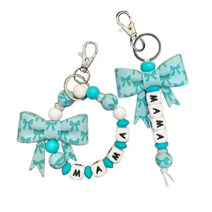 Mama Turquoise Big Ribbon Bow Custom Name Keychain Set