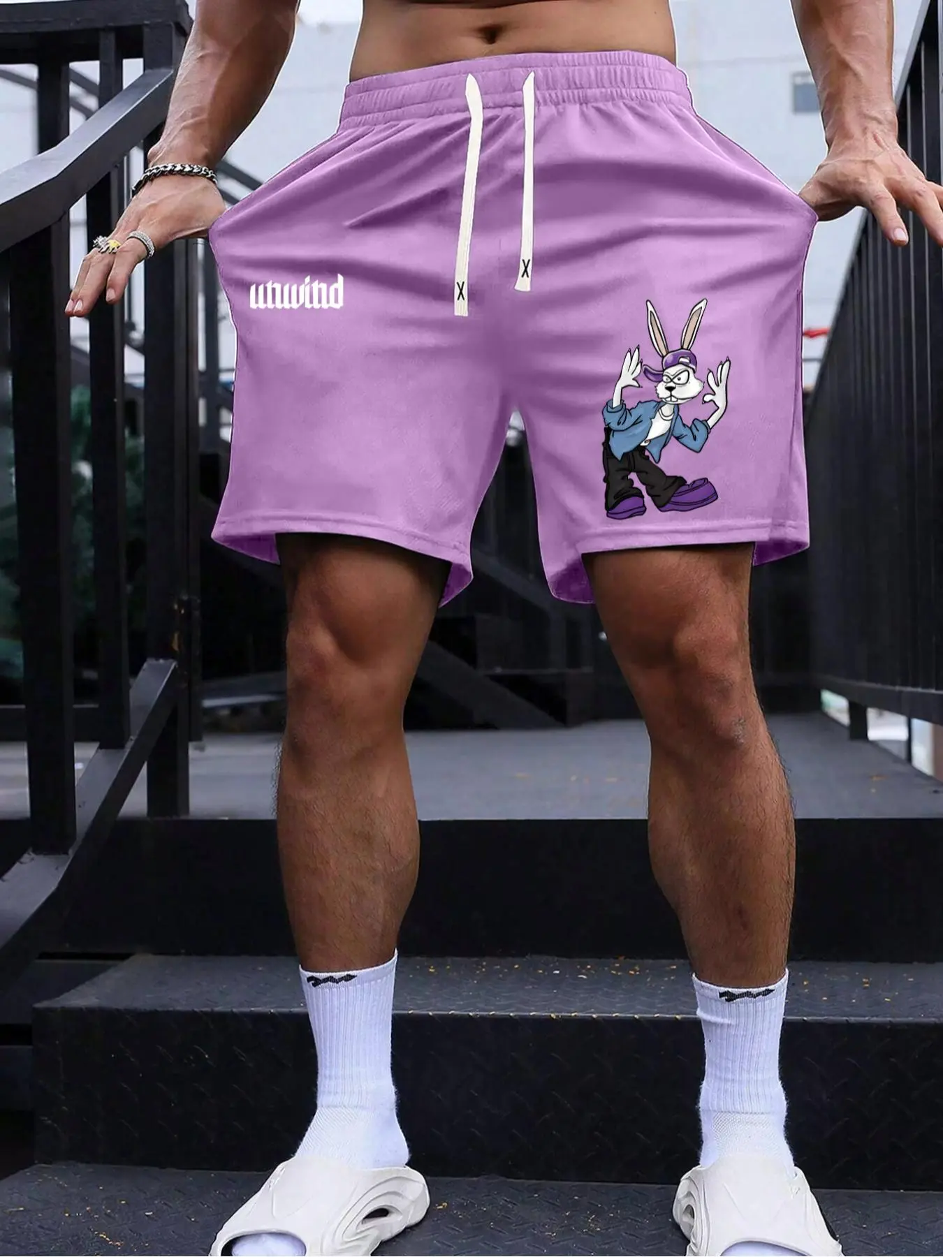 Men's Regular Fit Rabbit Print Drawstring Waist Shorts, Casual Comfy Breathable Shorts for Summer, Men's Bottoms for Daily Wear