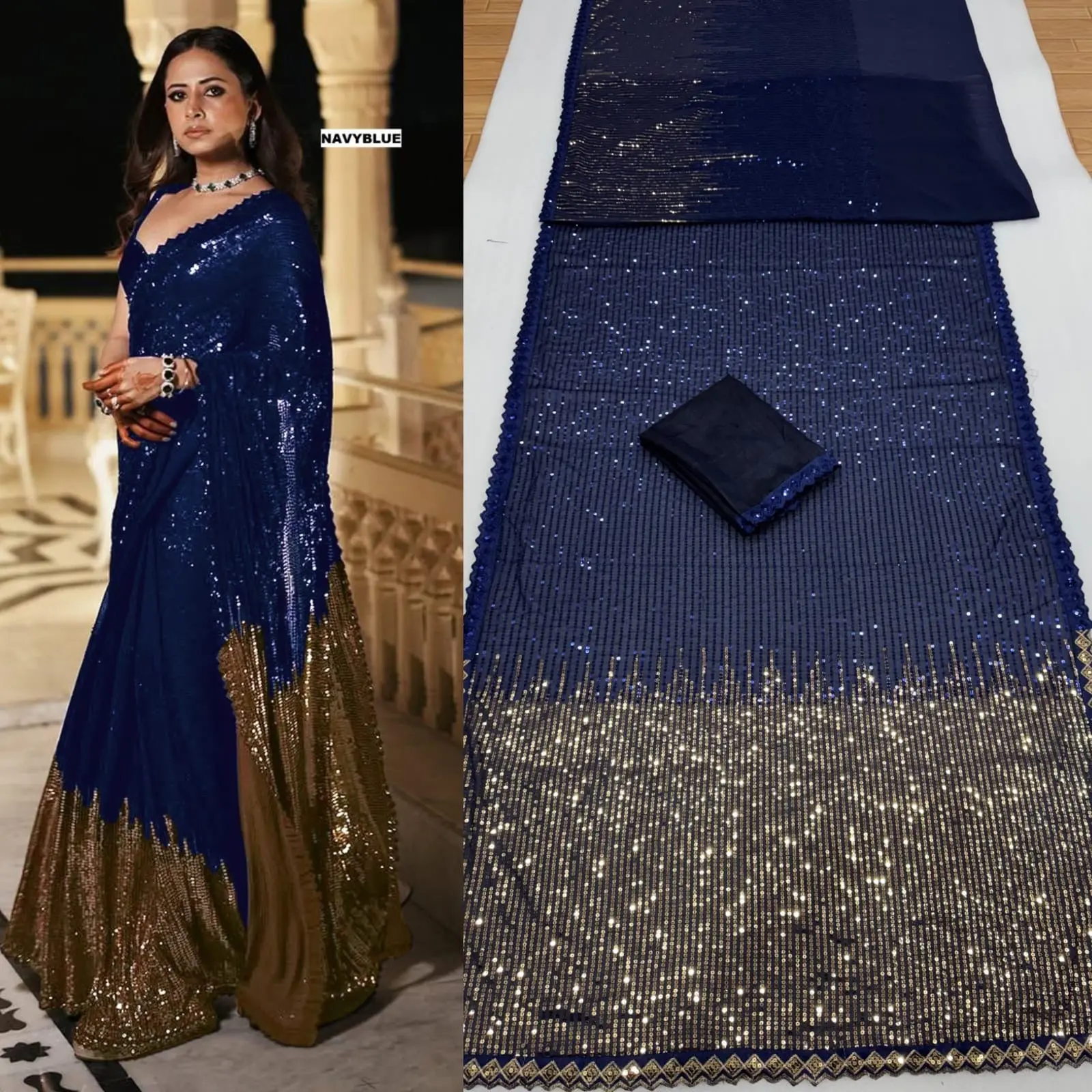 Faux Georgette Saree for Women with Heavy Sequins Embroidery, Bollywood Cocktail Party Wear with a Cutwork Lace Border and Silk Blouse Piece, Clothes, Fabric, Wedding, Reception, Bollywood Look, Saree Set