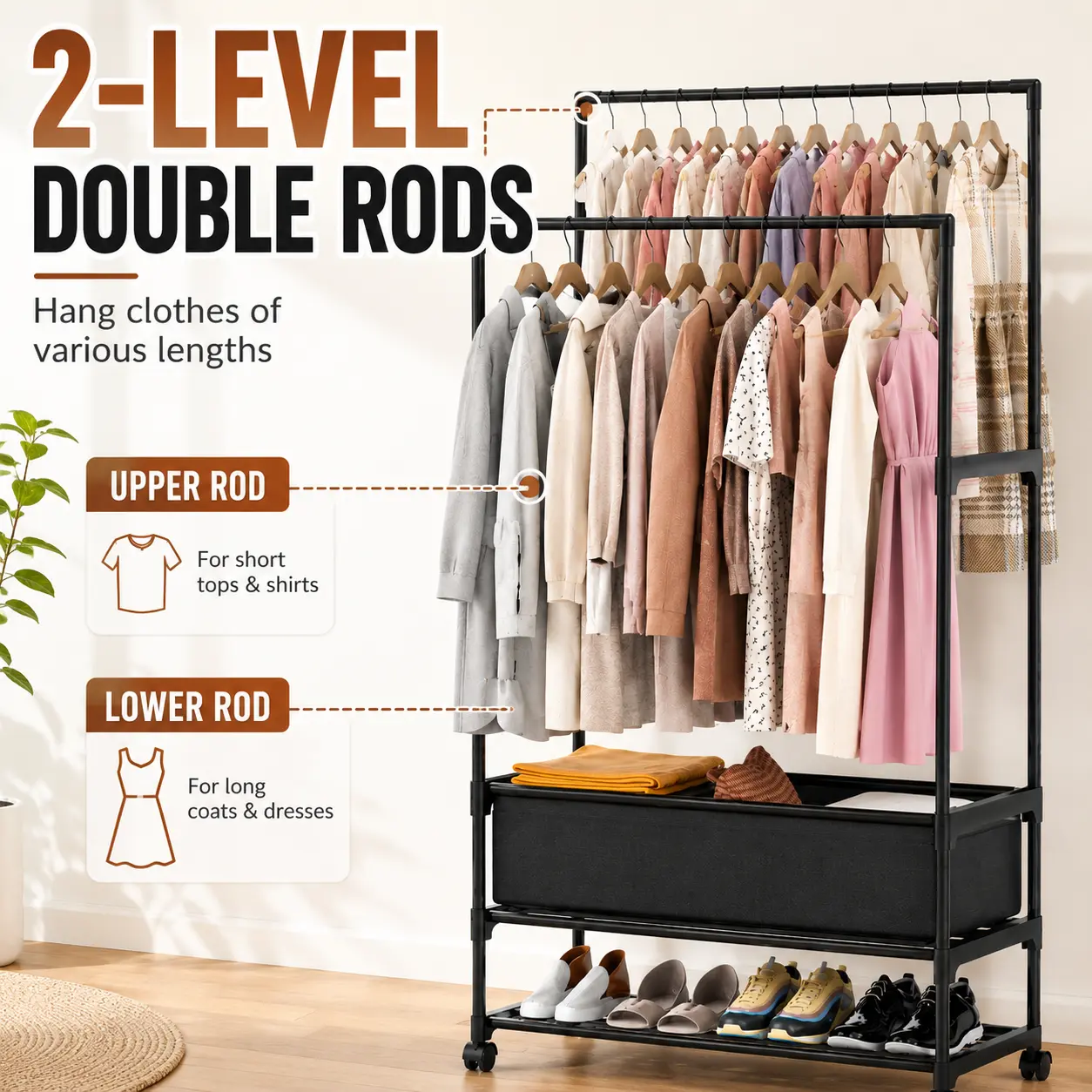 Smooth Rolling Clothes Rack for Skateboarding Gear & Room Organization, Minimalist Iron Organizer with Double Height Rods, Adjustable Plastic Storage Compartment, Hanging Accessory Support Shoe Shelf & Lockable Casters Wardrobe Quiet RollingDual-Heig-5432