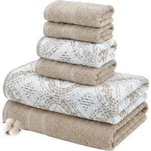 6-Piece Capri Reversible Yarn Dyed Jacquard Towel Set - Including Bath Towels, Hand Towels & Washcloths - Super Absorbent & Quick Dry 100% Combed Cotton, Khaki