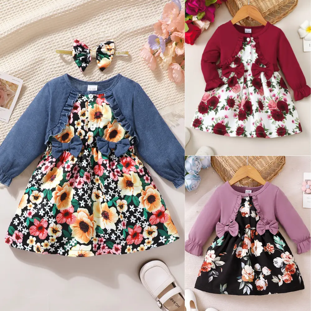 Ready Stock 6M-3Y Girls Spring&Fall Long Sleeve Front bow Rose Print Princess Dress Toddler outfit GF122305001