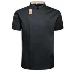 [Black Chef Uniform] Stylish Black Professional Chef Uniform - Short Sleeve Jacket with Pockets, Stand Collar, Polyester Fabric |   Ideal for Kitchen, Baking, and Restaurant Use, School Cafeteria Clothing, Machine Washable
