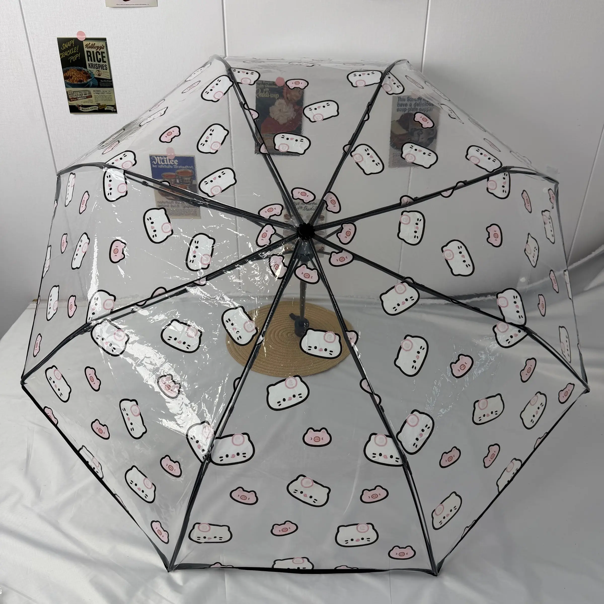 New PVC Pig Cat Semi-Automatic Folding Transparent Umbrella, Windproof Rainproof, Simple Design, Birthday Gift