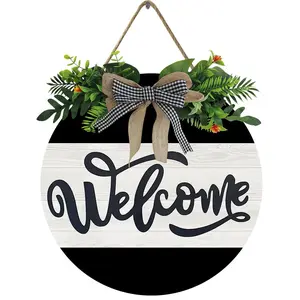 Wooden Welcome Wreath Sign, Decorative Plaque, 1 Count Letter Pattern Round Wooden Sign, Door Hanging Sign, Wall Decor for Front Door Rustic Farmhouse Design Home Gallery Wall Decorations