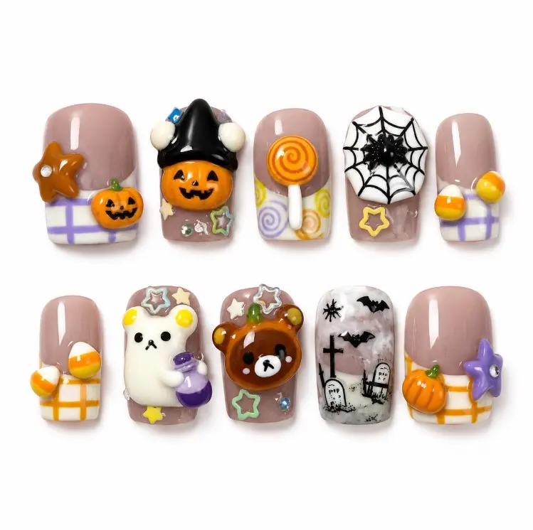 Halloween Kawaii Press On Nails M76, 3D Pumpkin Bear Ghost Design, Spider Web Candy Corn Details, Cute Spooky Handmade Fall Nail Set