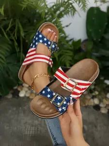 Flag Print Dual Strap Sandals, Vintage Metal Buckle Design, PU Leather, Waterproof & Slip-Resistant, Perfect for Beach & Commute, Casual Summer Footwear