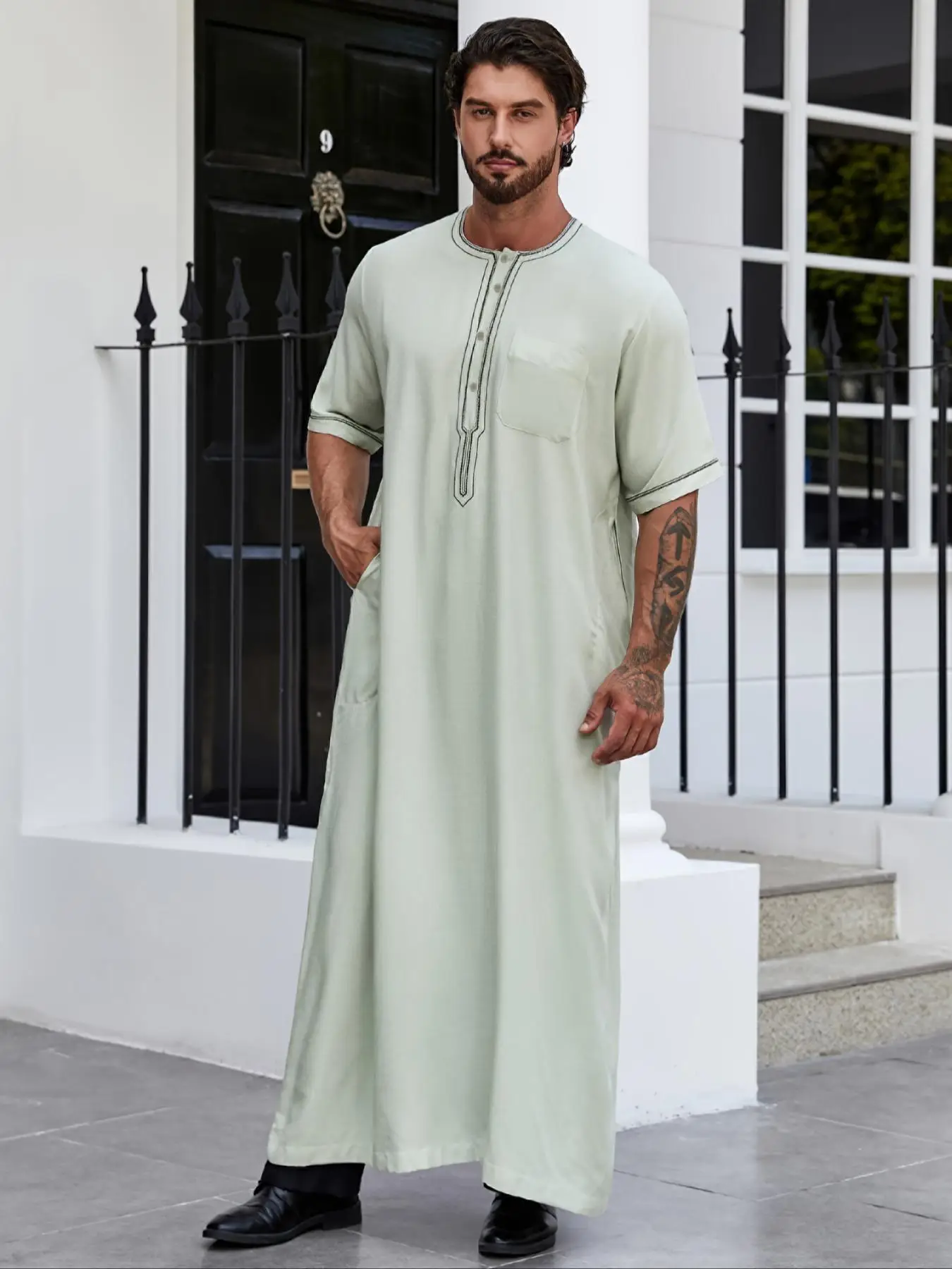 Men's Contrast Binding Pocket Kaftan, Regular Fit Casual Half Sleeve Button Front Arabic Clothing, Men's Islamic Clothing for Daily Wear